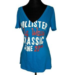 Vintage Hollister Tee Womens Large Blue Slouchy Long V-Neck Graphic Retro Y2K